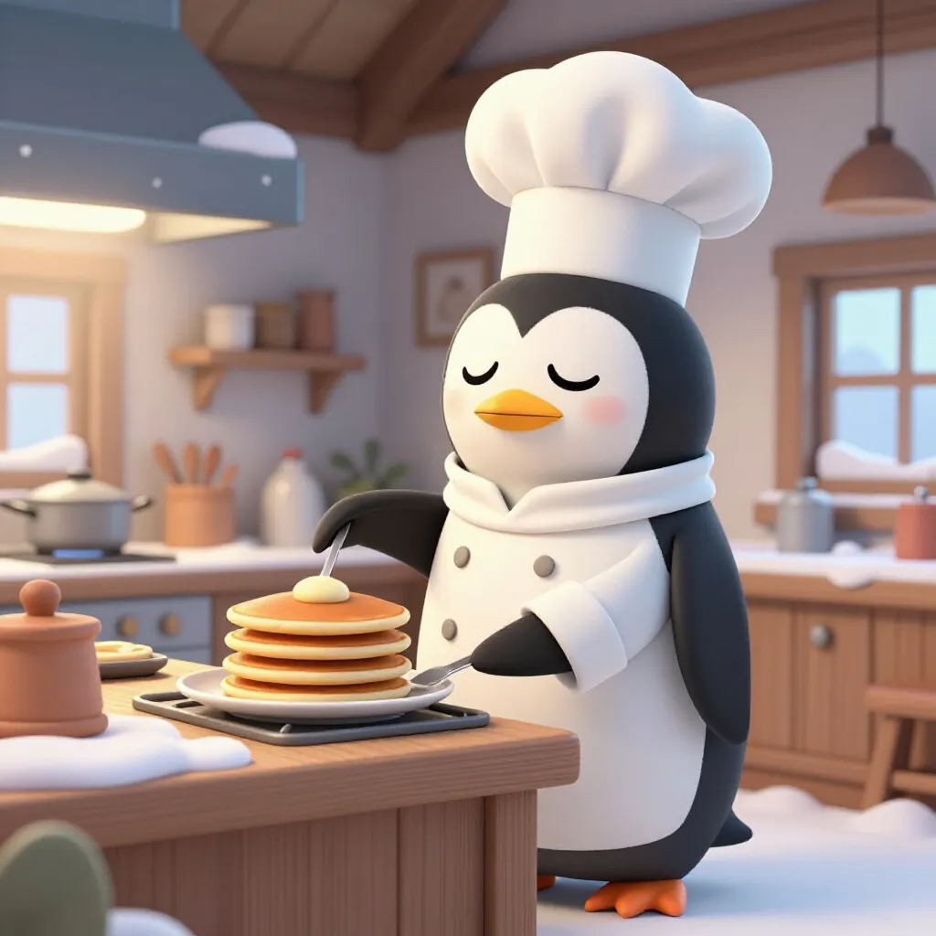 A penguin chef flipping pancakes in a cozy snowy cabin, drawn by the AI cartoon generator