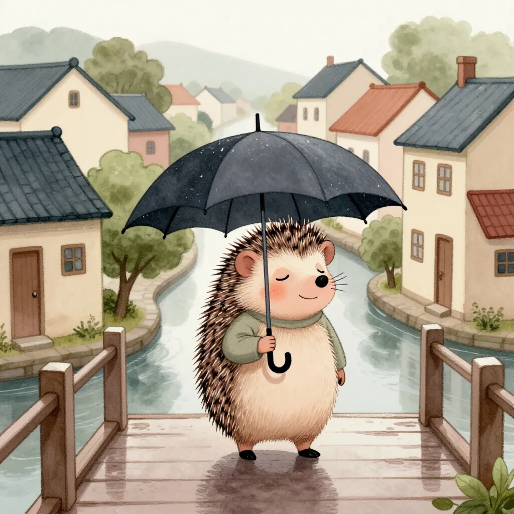 A little hedgehog carrying an umbrella across a rainy village bridge