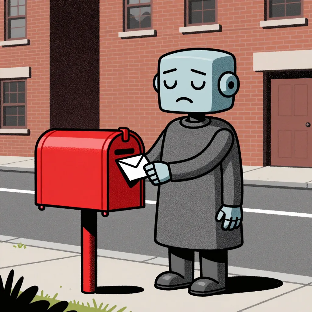 A robot mail carrier putting a letter into a red mailbox on a quiet city street