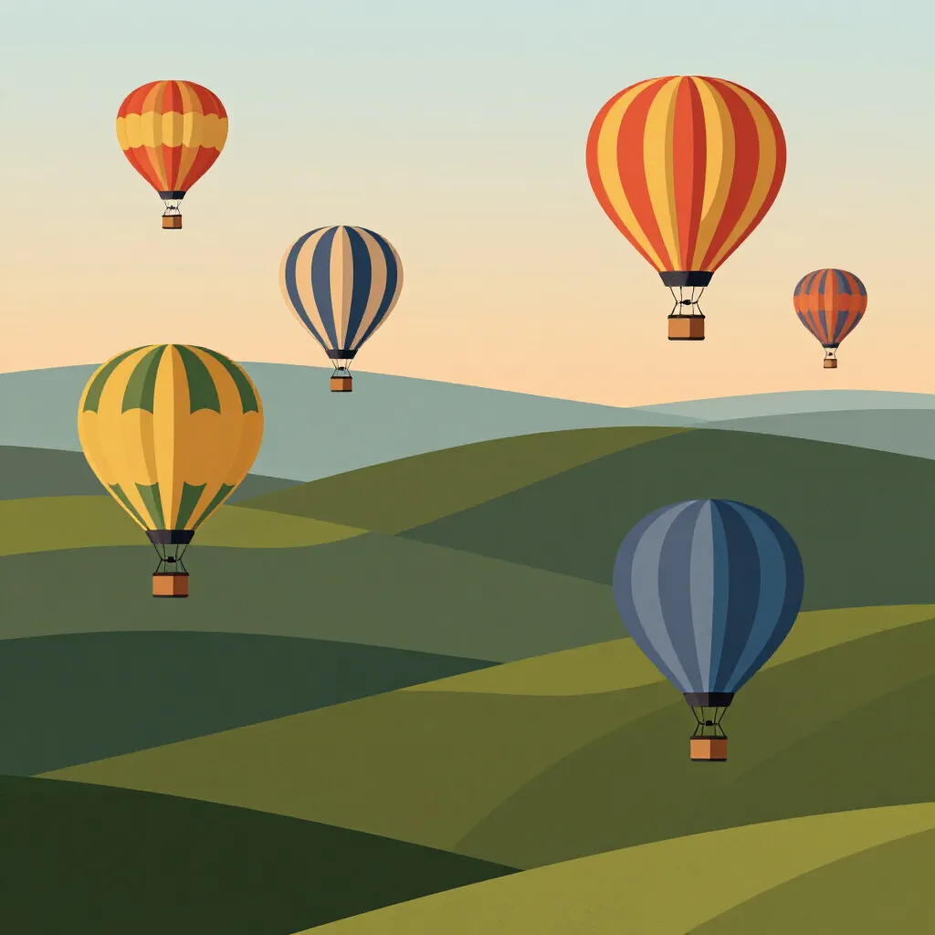 Colourful hot air balloons floating over green hills at sunrise