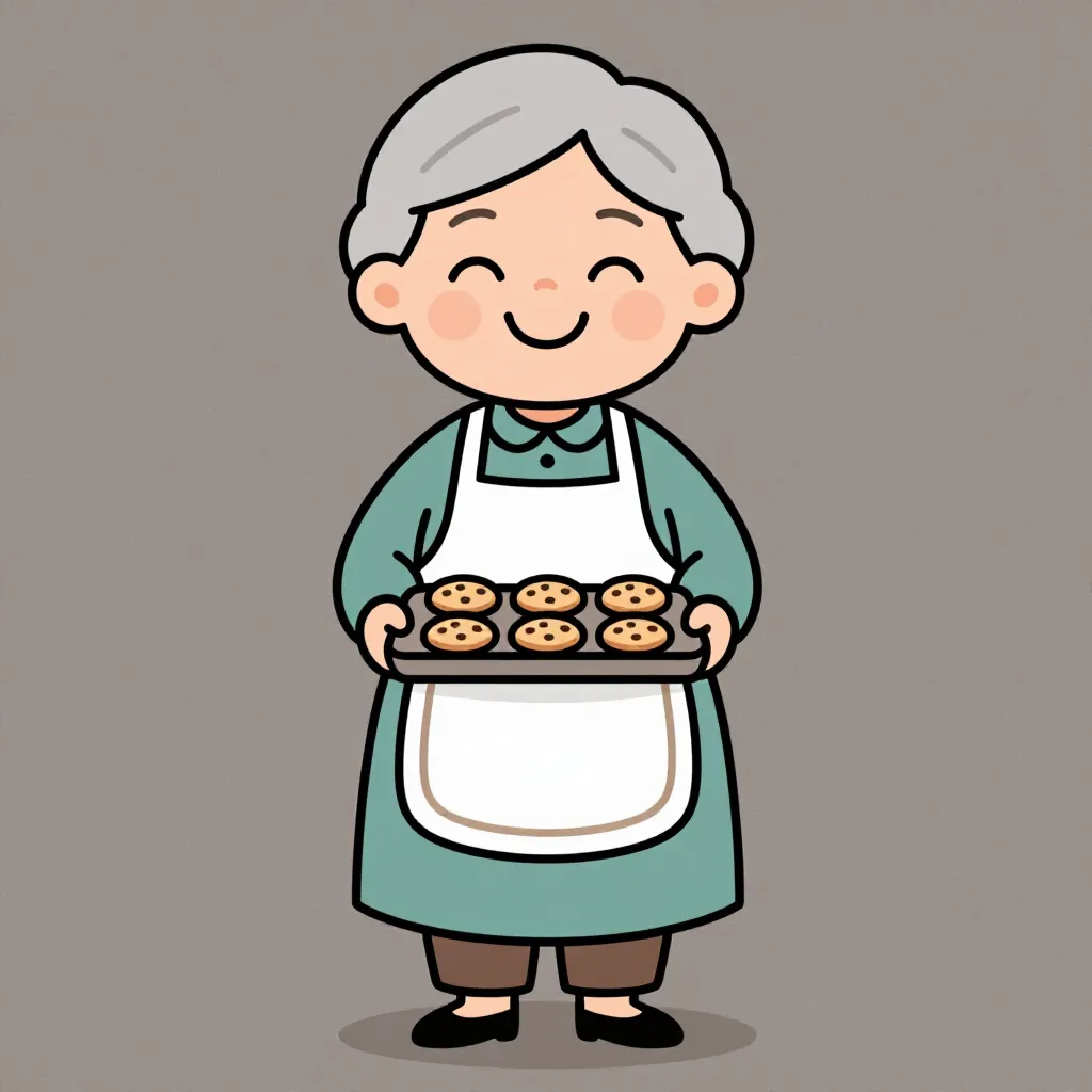 A cheerful grandma baker holding a tray of cookies