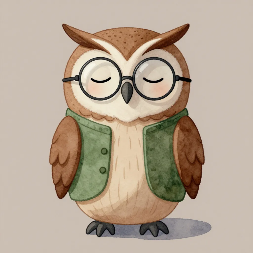 A wise old owl wearing tiny round glasses and a green waistcoat