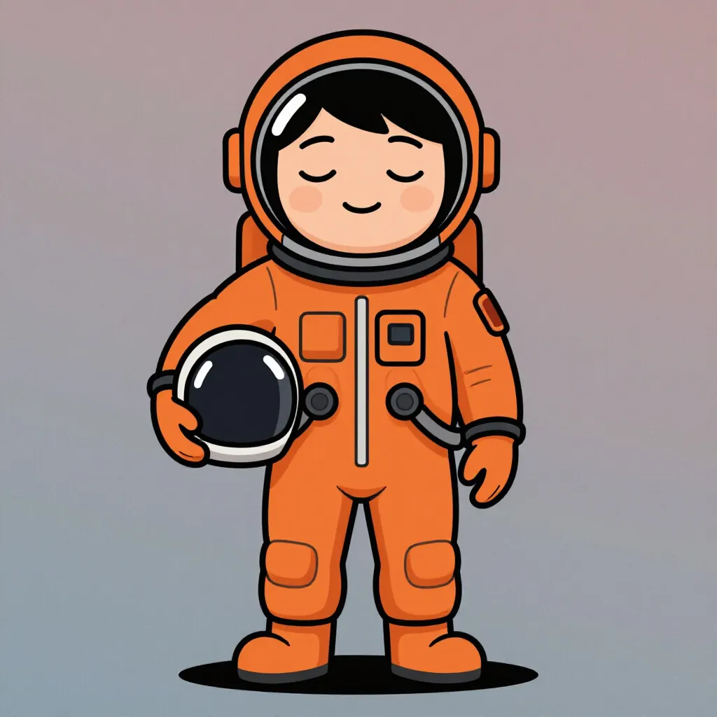 A young astronaut in an orange spacesuit holding a helmet