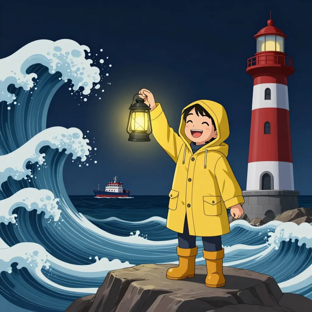 The lighthouse keeper scene in the Anime cel-shaded style