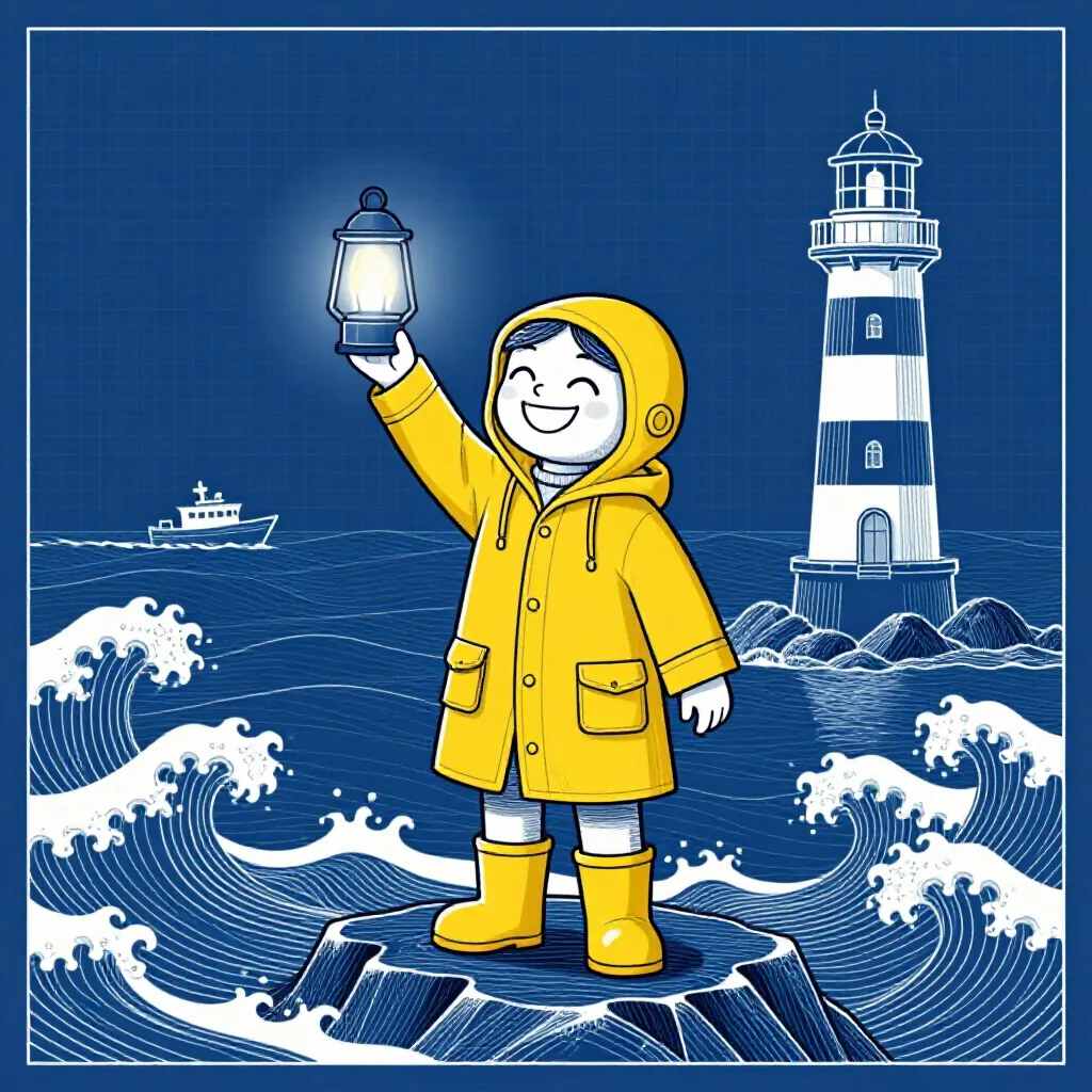 The lighthouse keeper scene in the Blueprint style