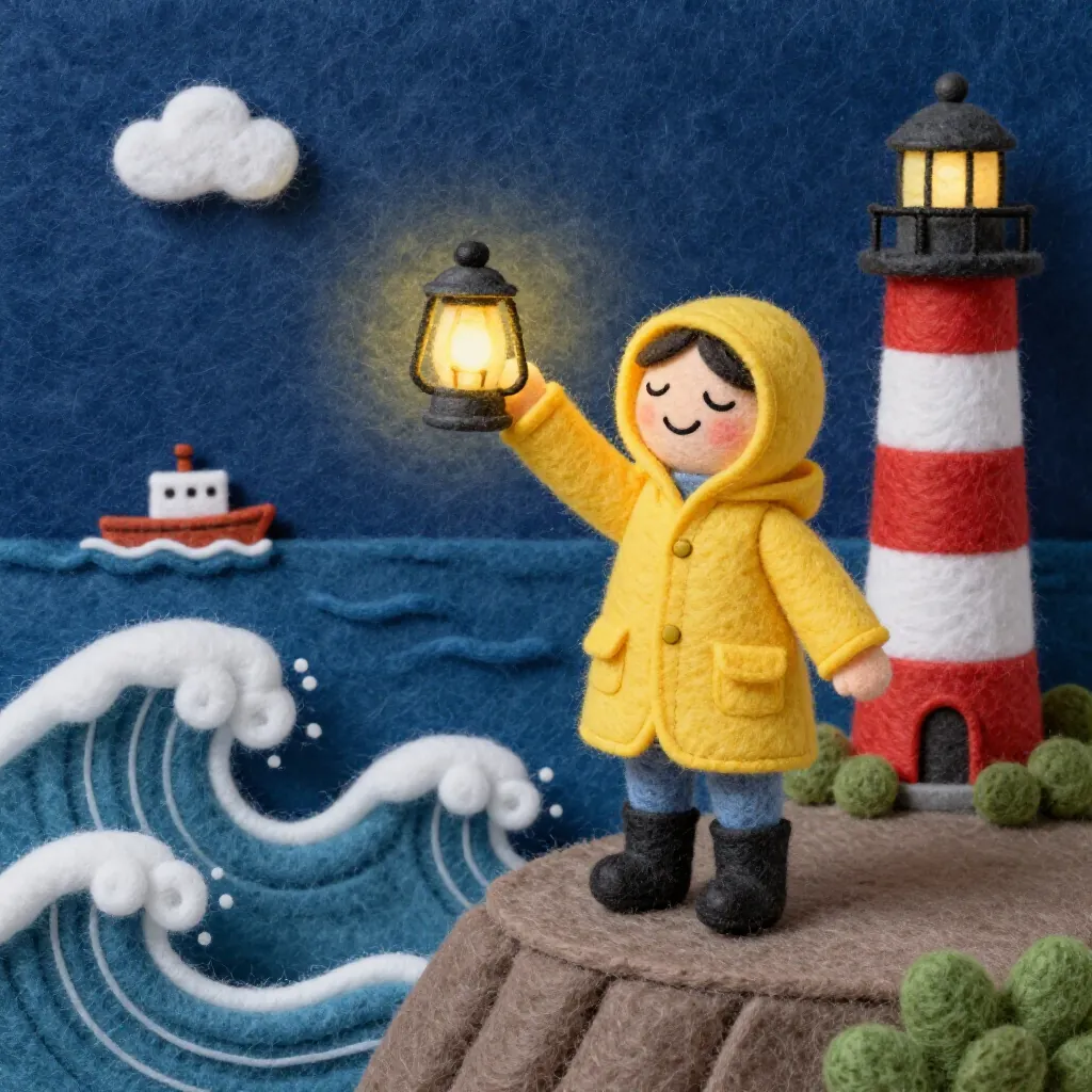 The lighthouse keeper scene in the Felt craft style
