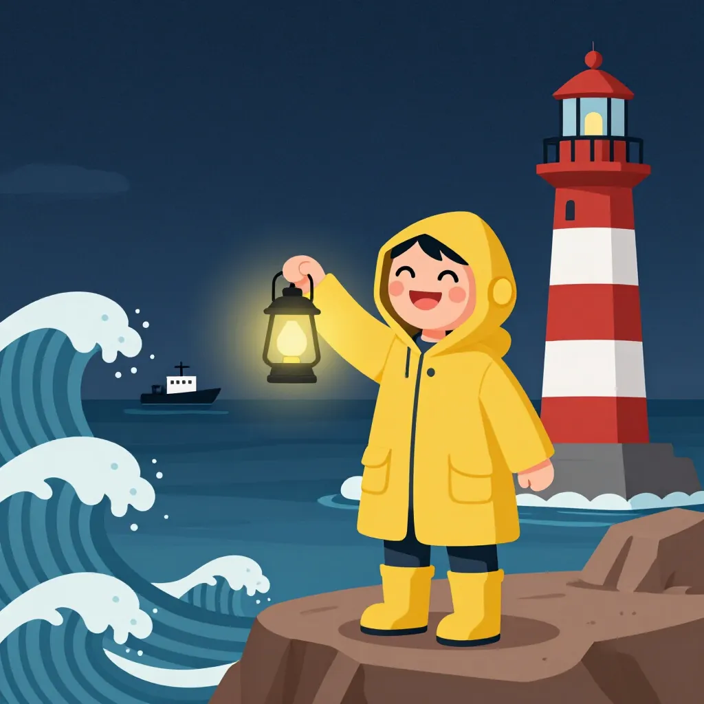 The lighthouse keeper scene in the Flat 2D vector style