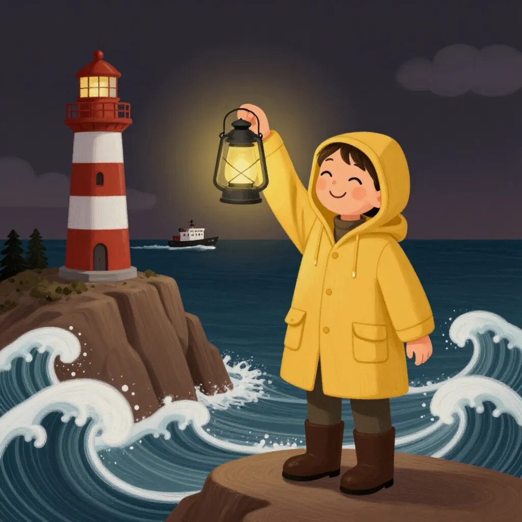 The lighthouse keeper scene in the Cozy gouache style