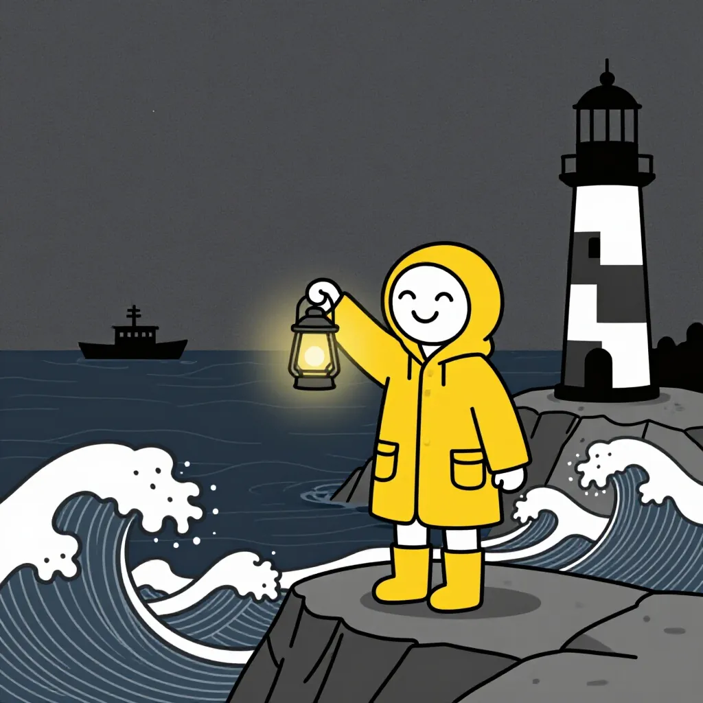 The lighthouse keeper scene in the Minimal line art style