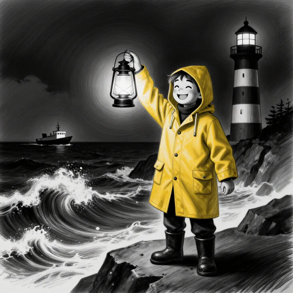 The lighthouse keeper scene in the Charcoal noir style