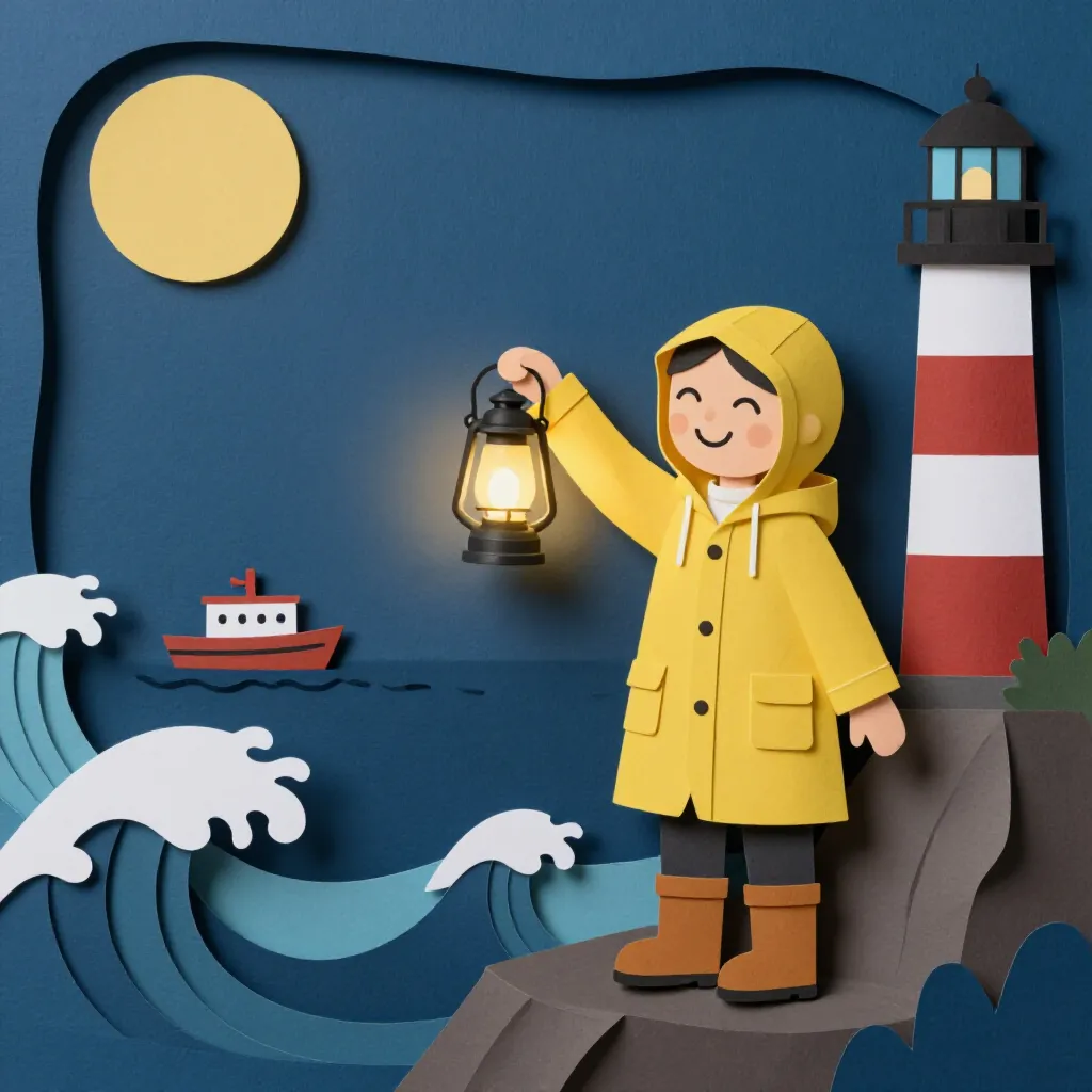 The lighthouse keeper scene in the Paper cut-out style