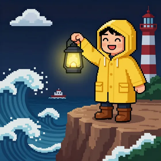 The lighthouse keeper scene in the Pixel art style