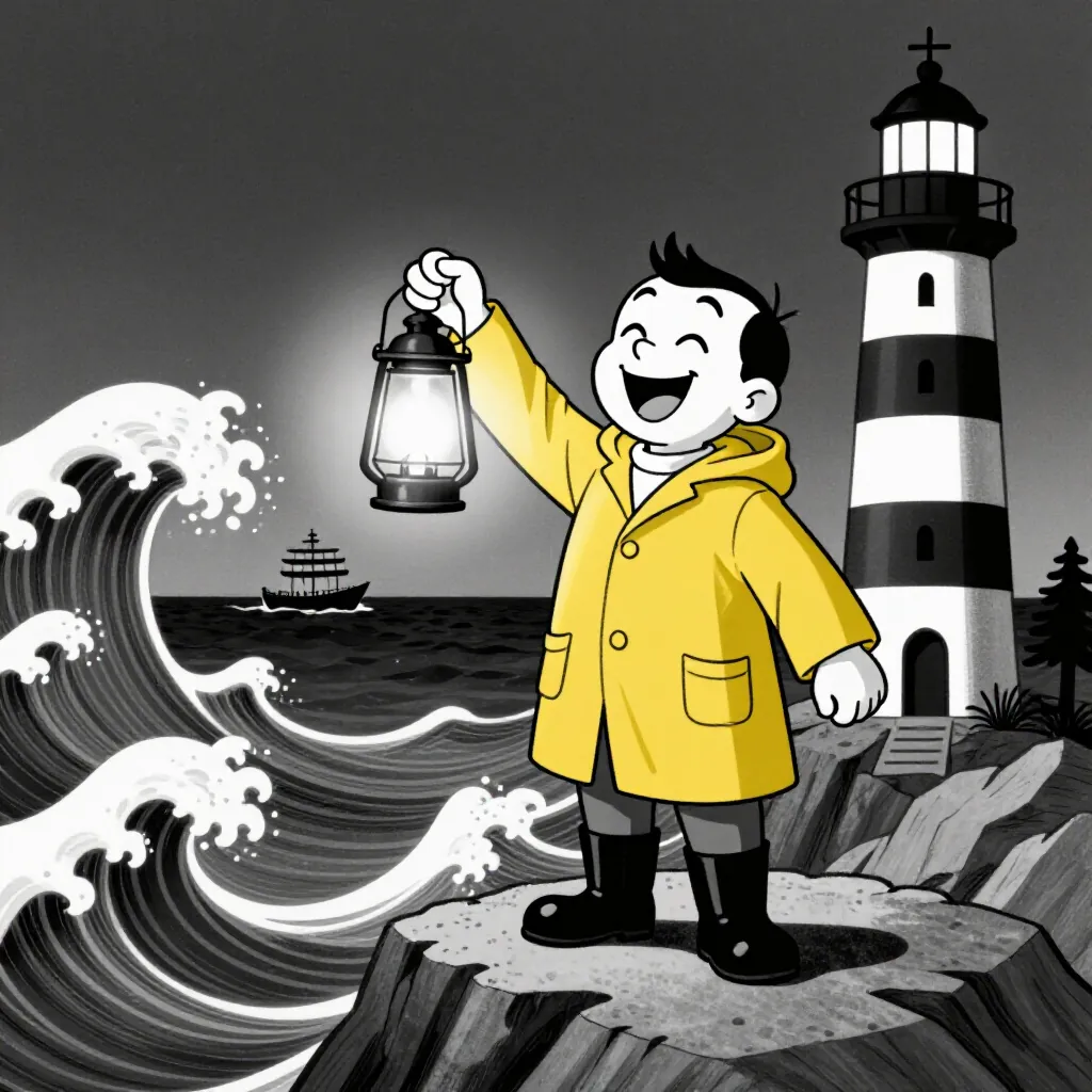 The lighthouse keeper scene in the 1930s cartoon style