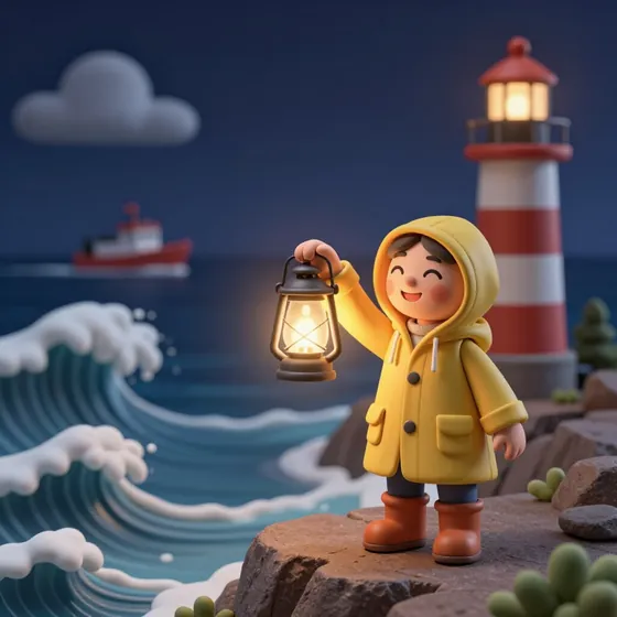 The lighthouse keeper scene in the Soft 3D animation style
