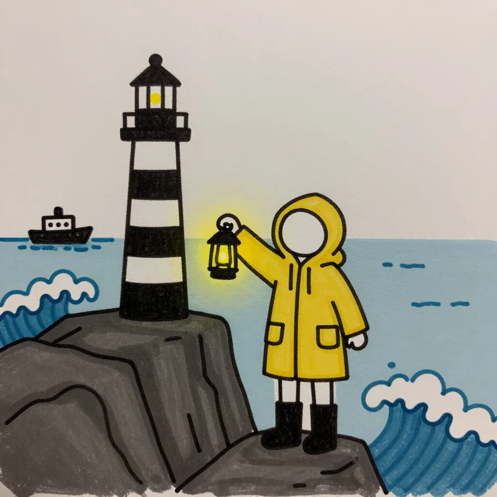 The lighthouse keeper scene in the Stick-figure doodle style