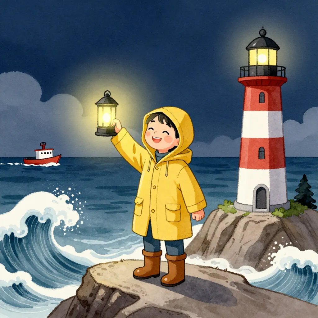 The lighthouse keeper scene in the Watercolor storybook style