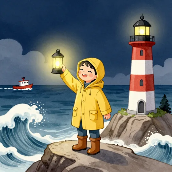 The lighthouse keeper scene in the Watercolor storybook style