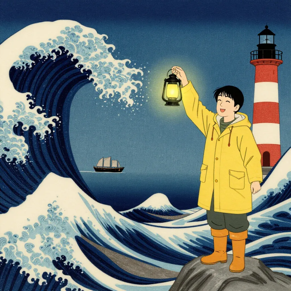 The lighthouse keeper scene in the Woodblock print style